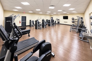 Un gimnasio con equipos de ejercicio variados, incluyendo cintas de correr, máquinas de pesas y pesas libres.