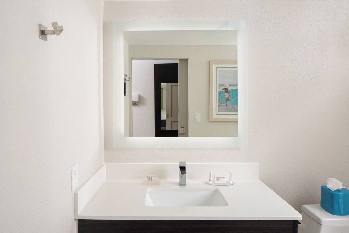 combined shower/bathtub, free toiletries, hair dryer