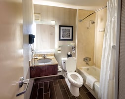 Combined shower/tub, hair dryer, towels