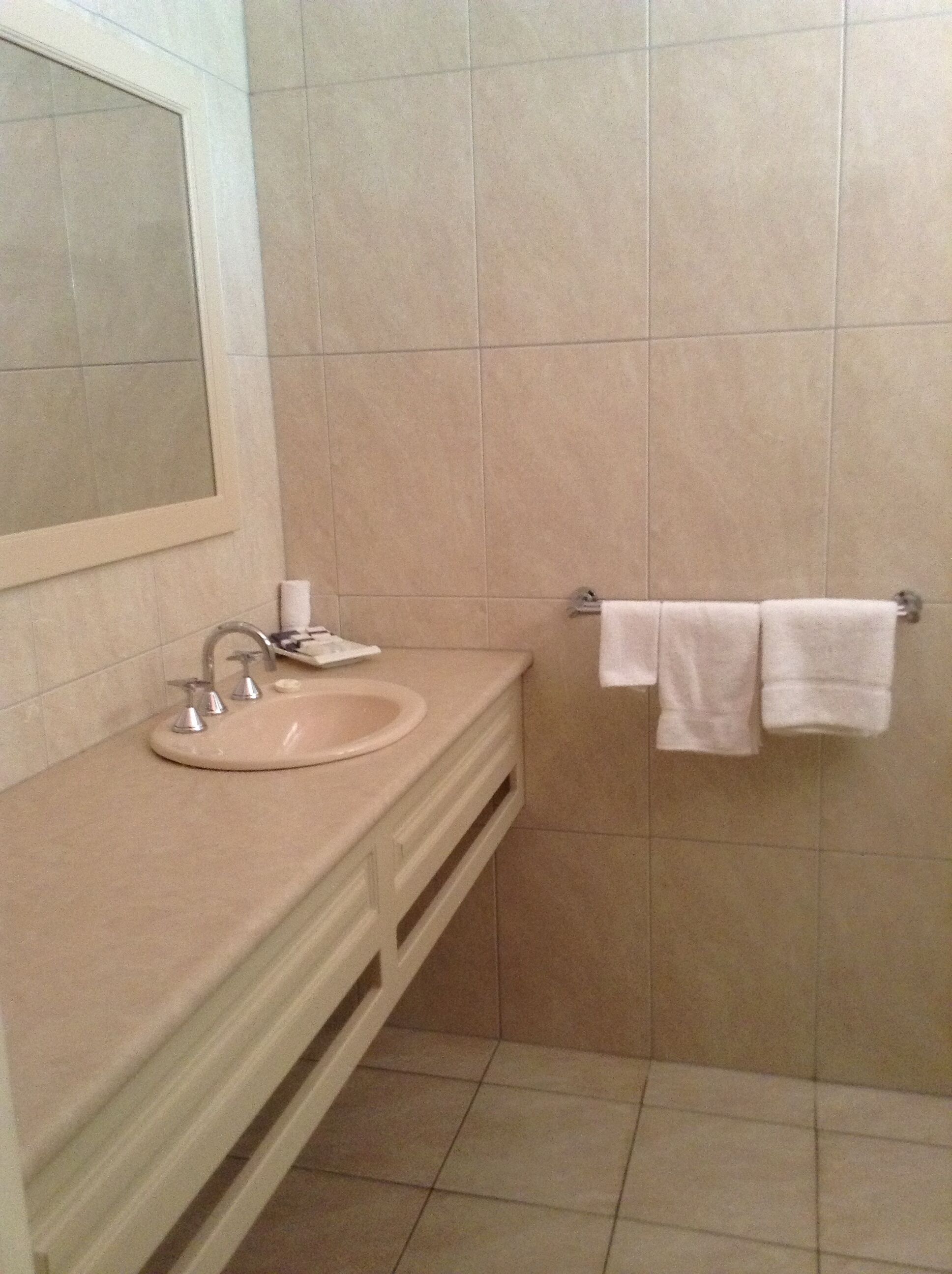 A bathroom with a sink, mirror, and towel rack.