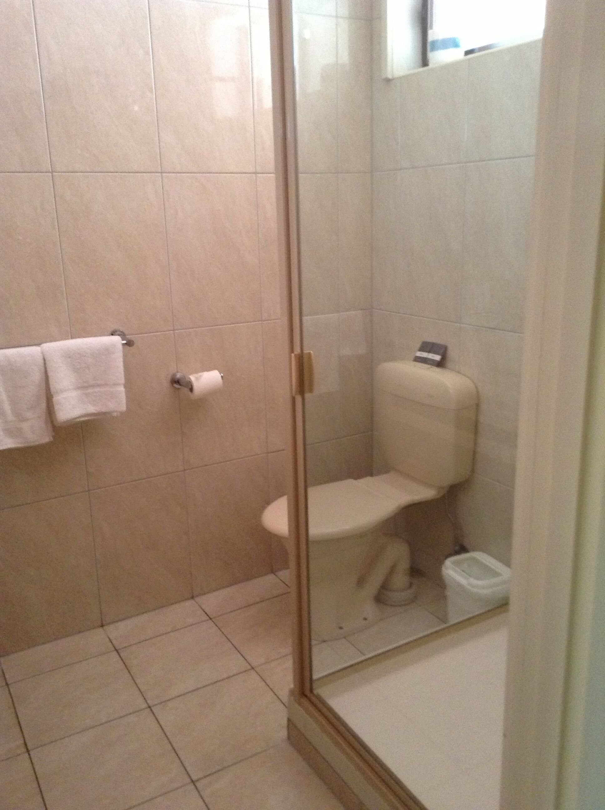 Ein kleines Badezimmer mit Fliesen, einer Toilette, einer Duschkabine aus Glas und einem Handtuchhalter.