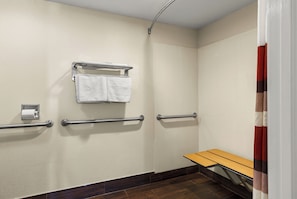 Een badkamer met een douche, een toiletrolhouder en een bankje.