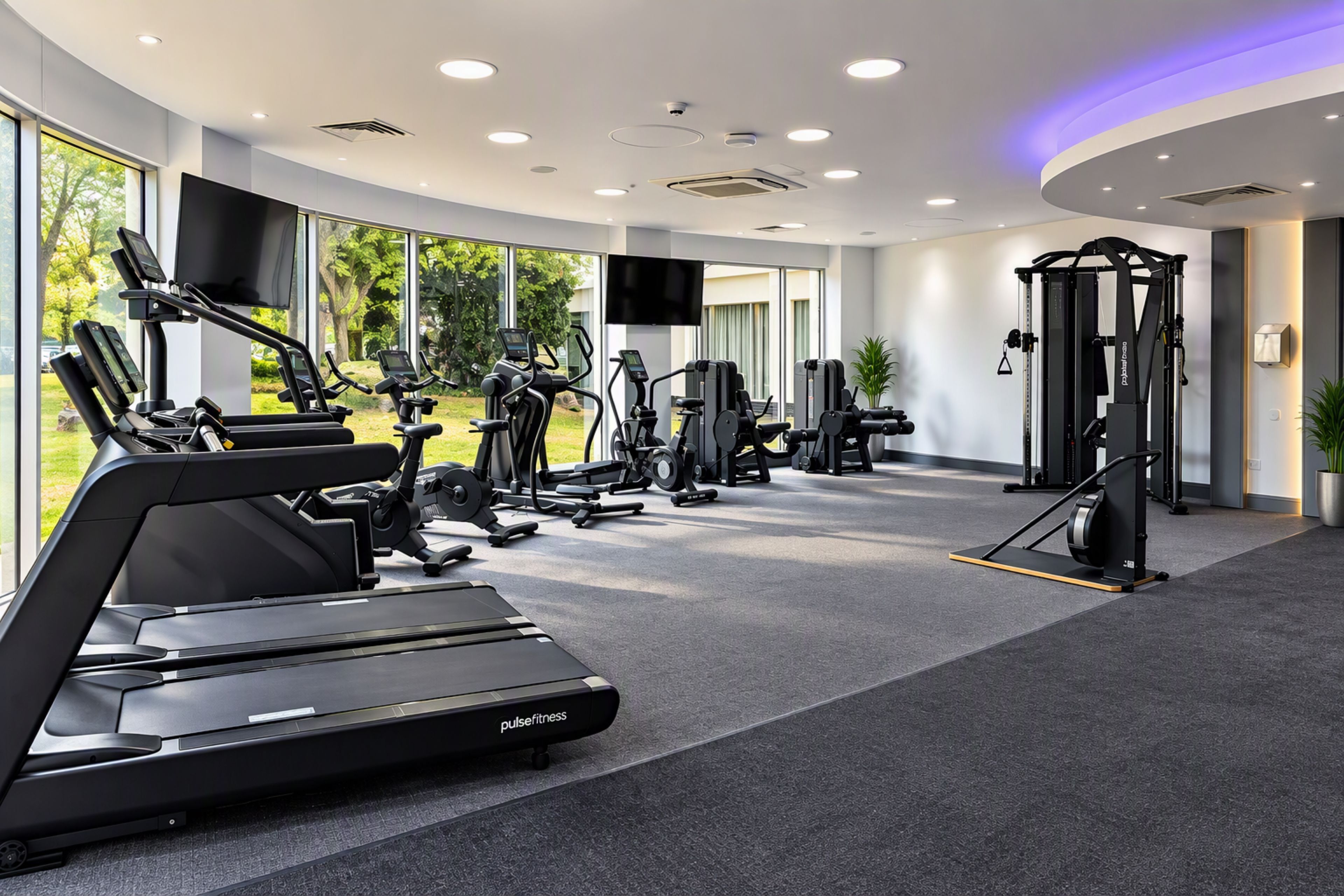 Et moderne fitnesscenter med løbebånd, vægte og en squat rack.