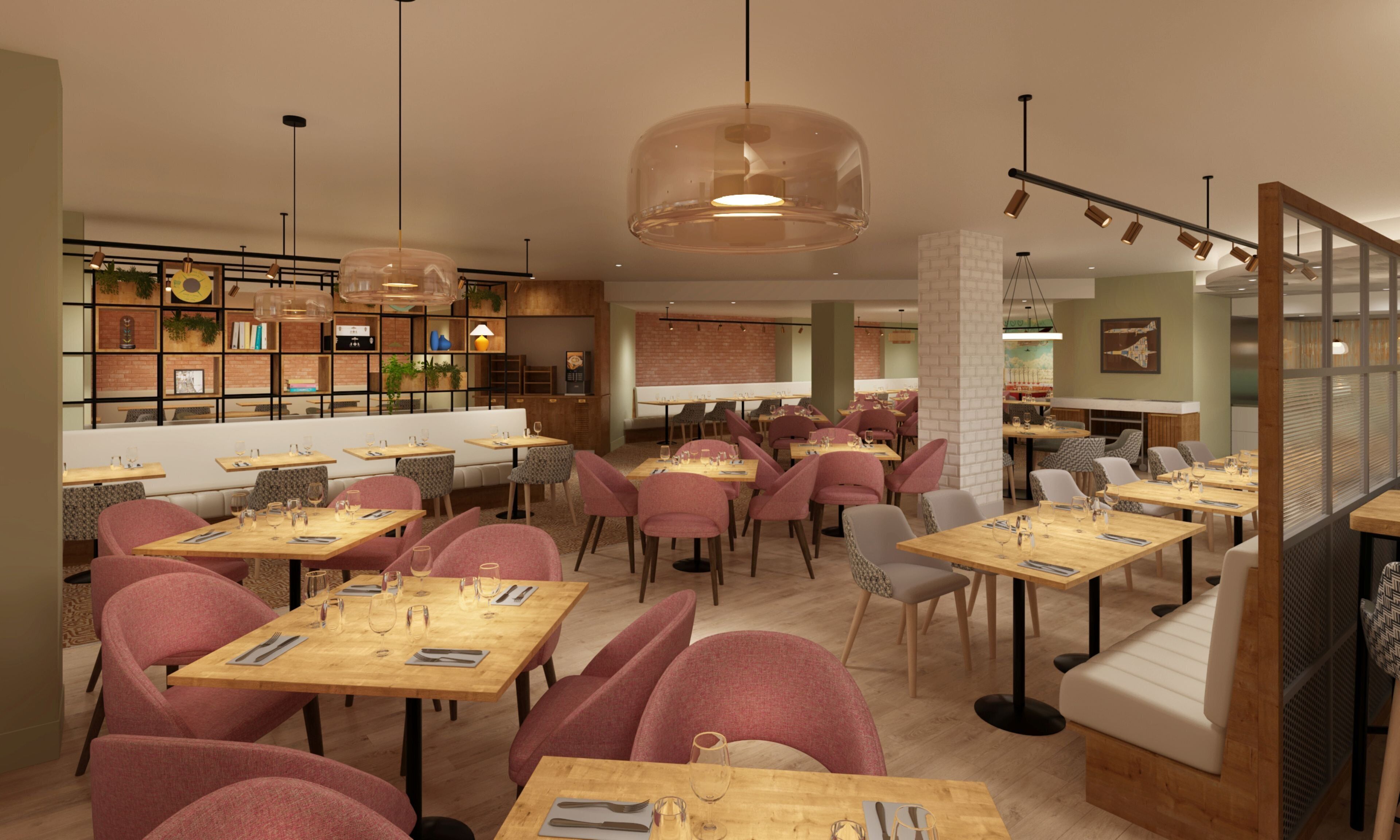 A restaurant interior with multiple dining tables, chairs, and pendant lighting.