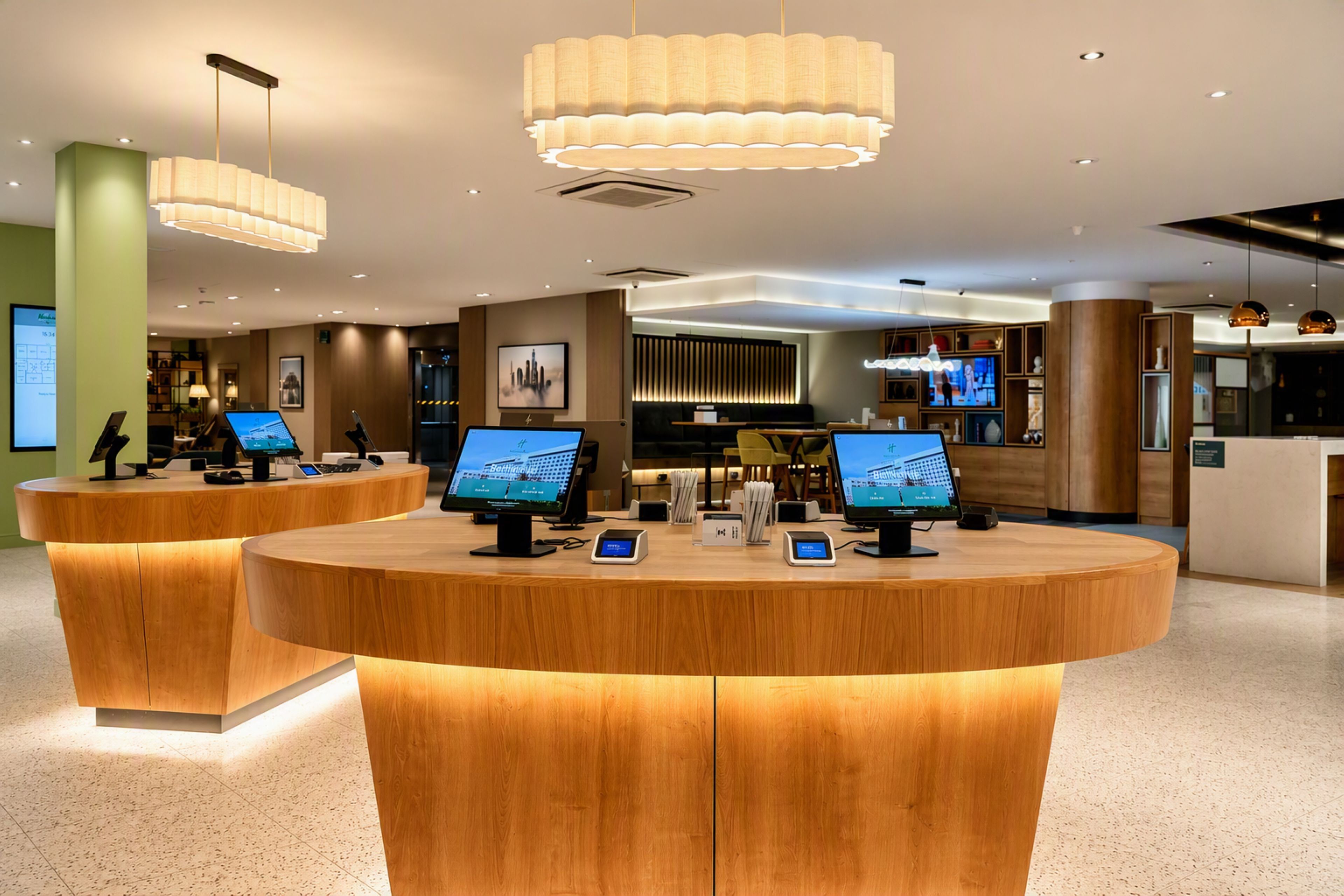 A modern reception area with wooden reception desks, multiple monitors, and pendant lighting.