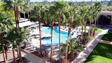 Outdoor pool, pool umbrellas, sun loungers