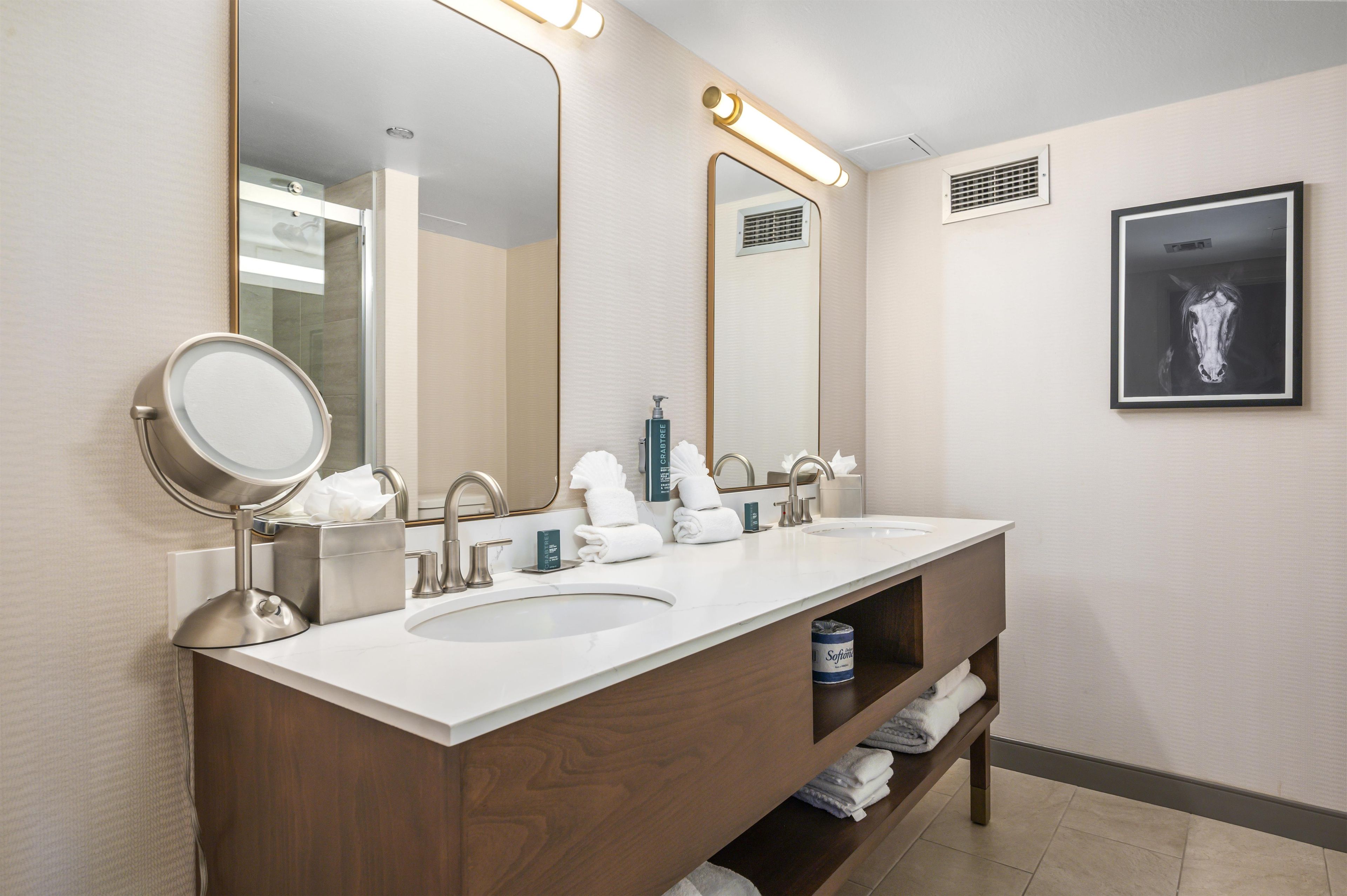 Une salle de bain moderne avec deux lavabos, un grand miroir et un porte-serviettes.