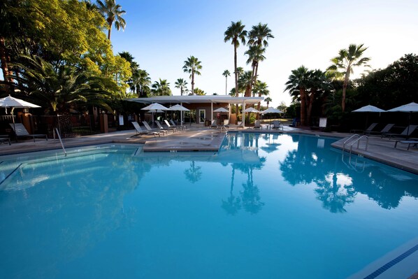 Outdoor pool, pool umbrellas, pool loungers