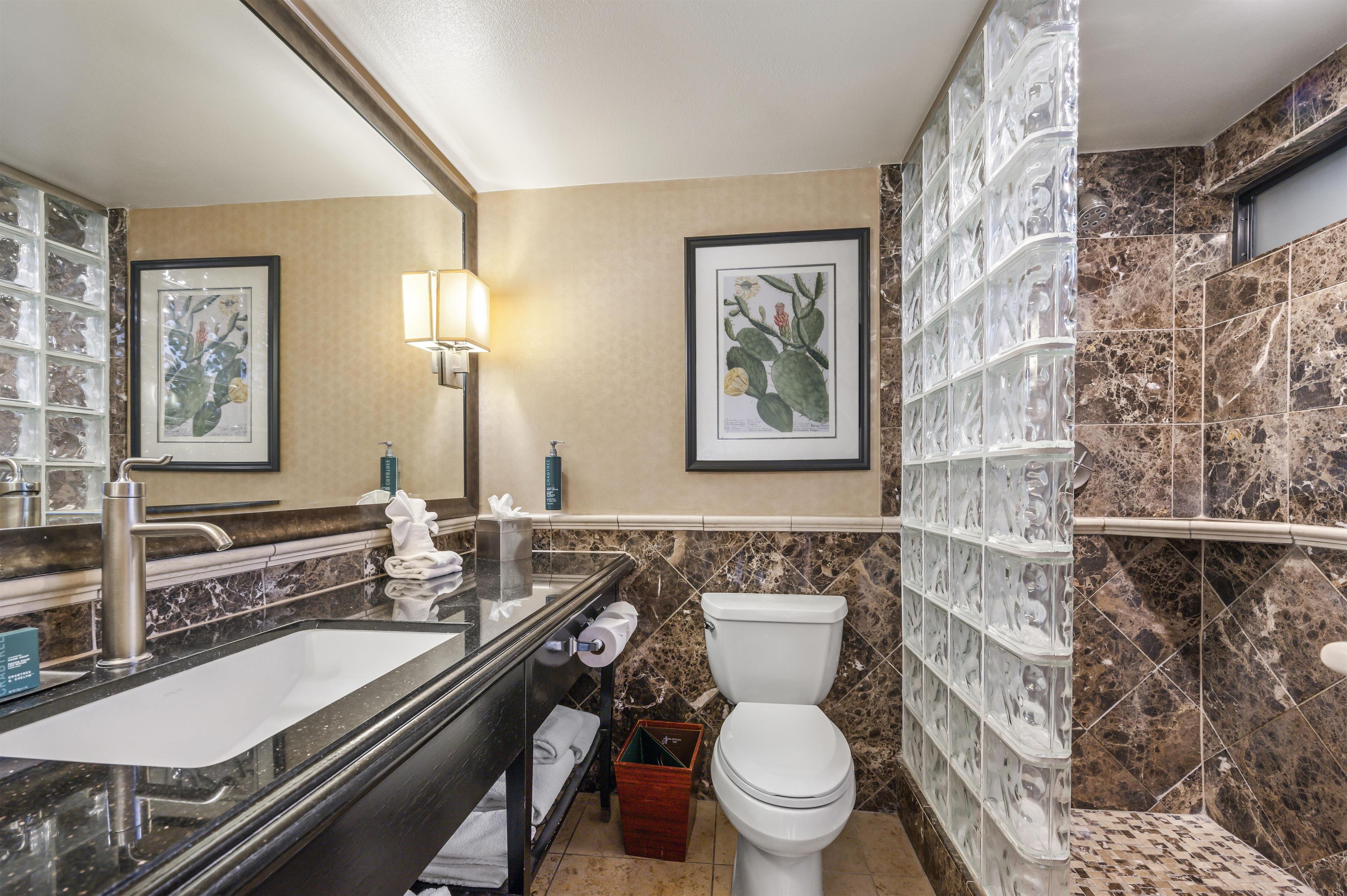 A bathroom with a sink, toilet, and shower area.