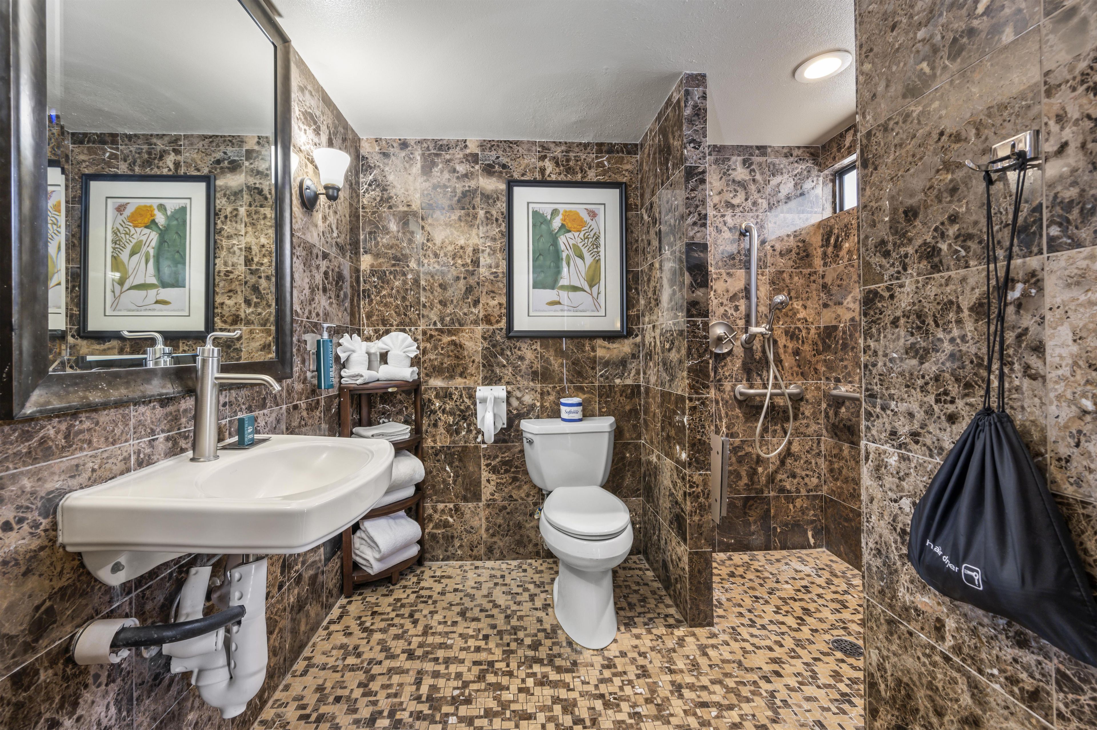 Ein Badezimmer mit Waschbecken, Toilette, Dusche und gerahmten botanischen Bildern an den Wänden.