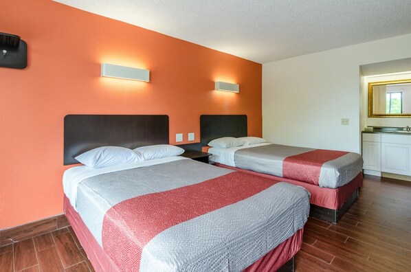 Memory foam beds, desk, blackout drapes, iron/ironing board