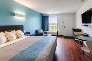 A hotel room with a bed, a desk, a chair, a TV, and a window with a view.