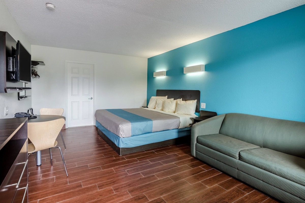 Memory-foam beds, desk, blackout curtains, iron/ironing board