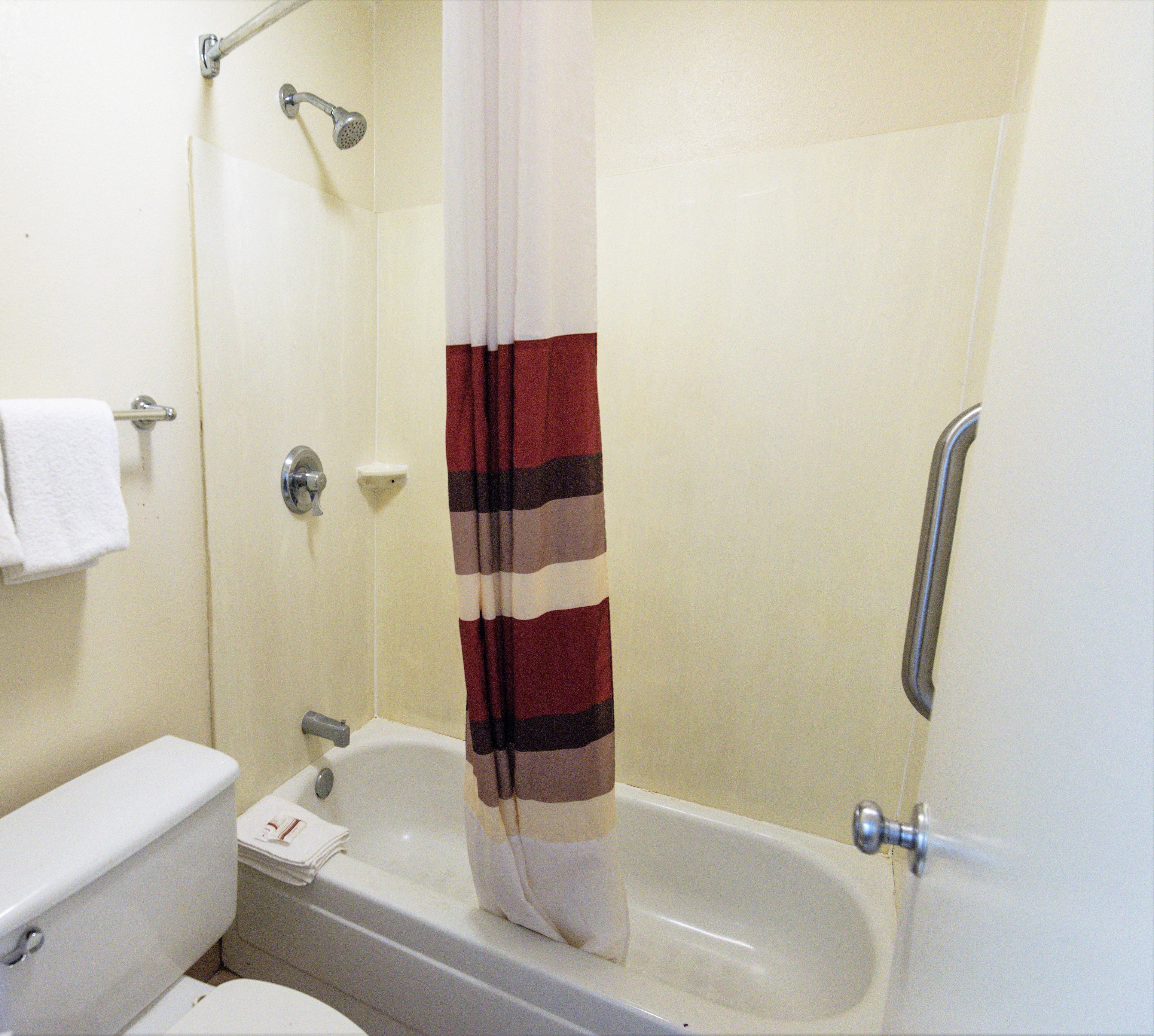 A bathroom with a bathtub, toilet, and shower curtain.