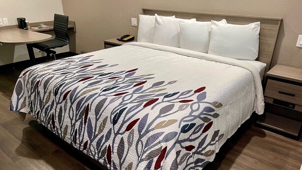 Une chambre d’hôtel avec un lit, un bureau et une chaise.