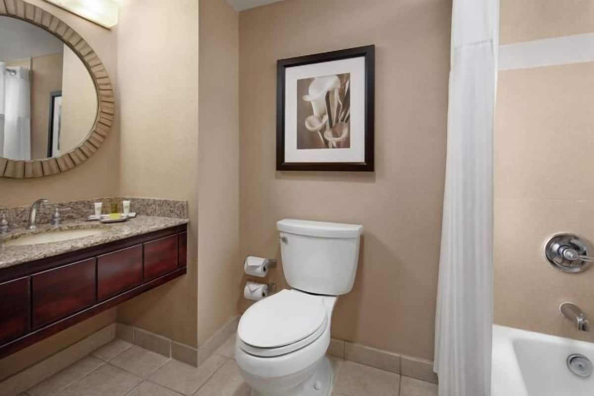 Combined shower/bathtub, designer toiletries, hair dryer, bathrobes