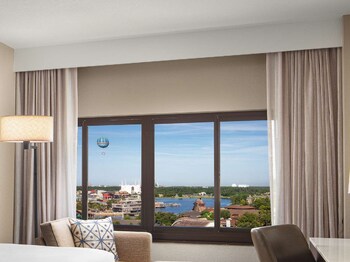 Hotel room view looking out at Hilton Orlando Lake Buena Vista - Disney Springs® Area