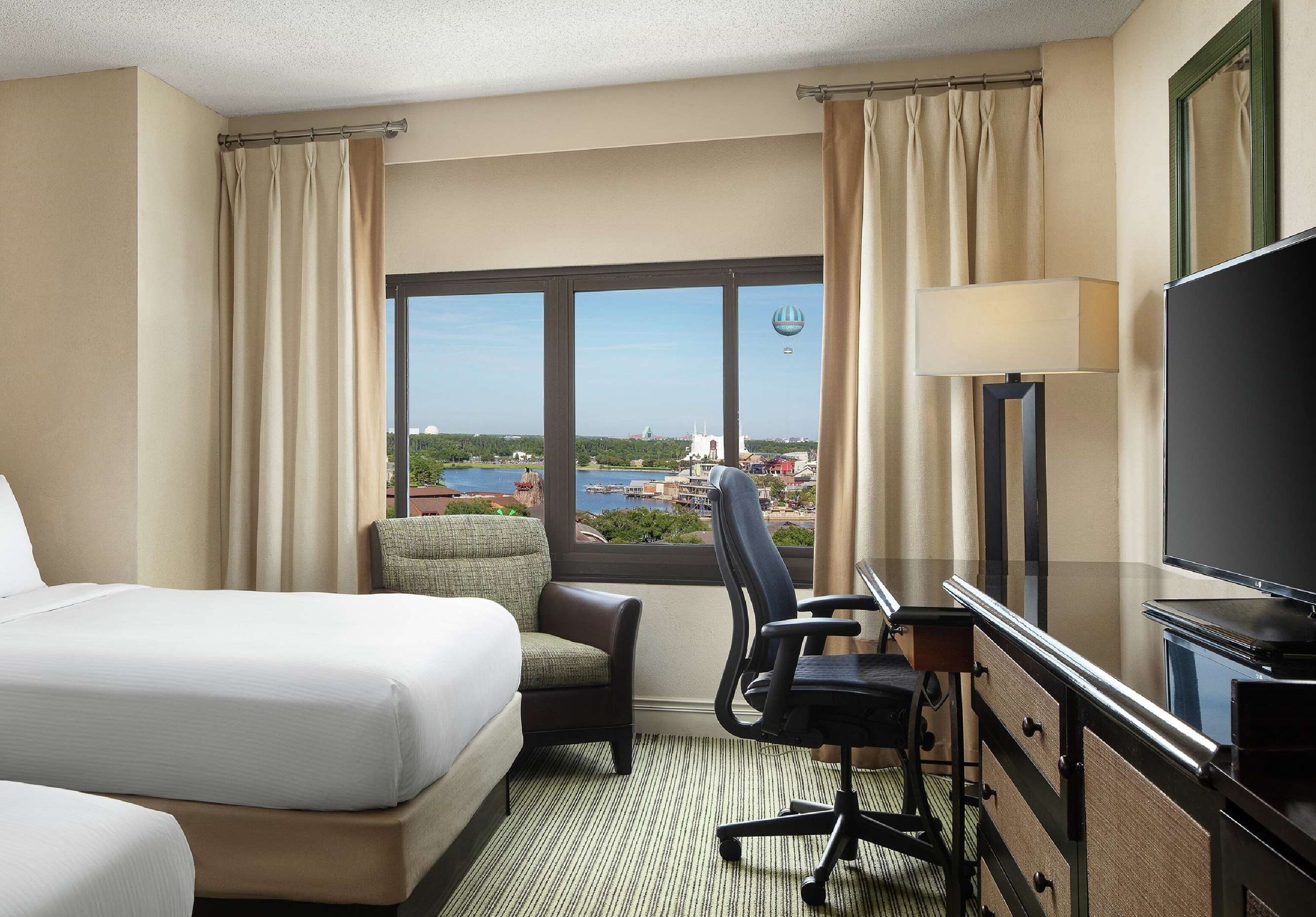 room, 2 queen beds (disney springs view) | premium bedding, pillow-top beds, in-room safe, desk