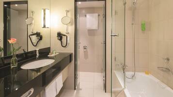 Eco-friendly toiletries, hair dryer, towels