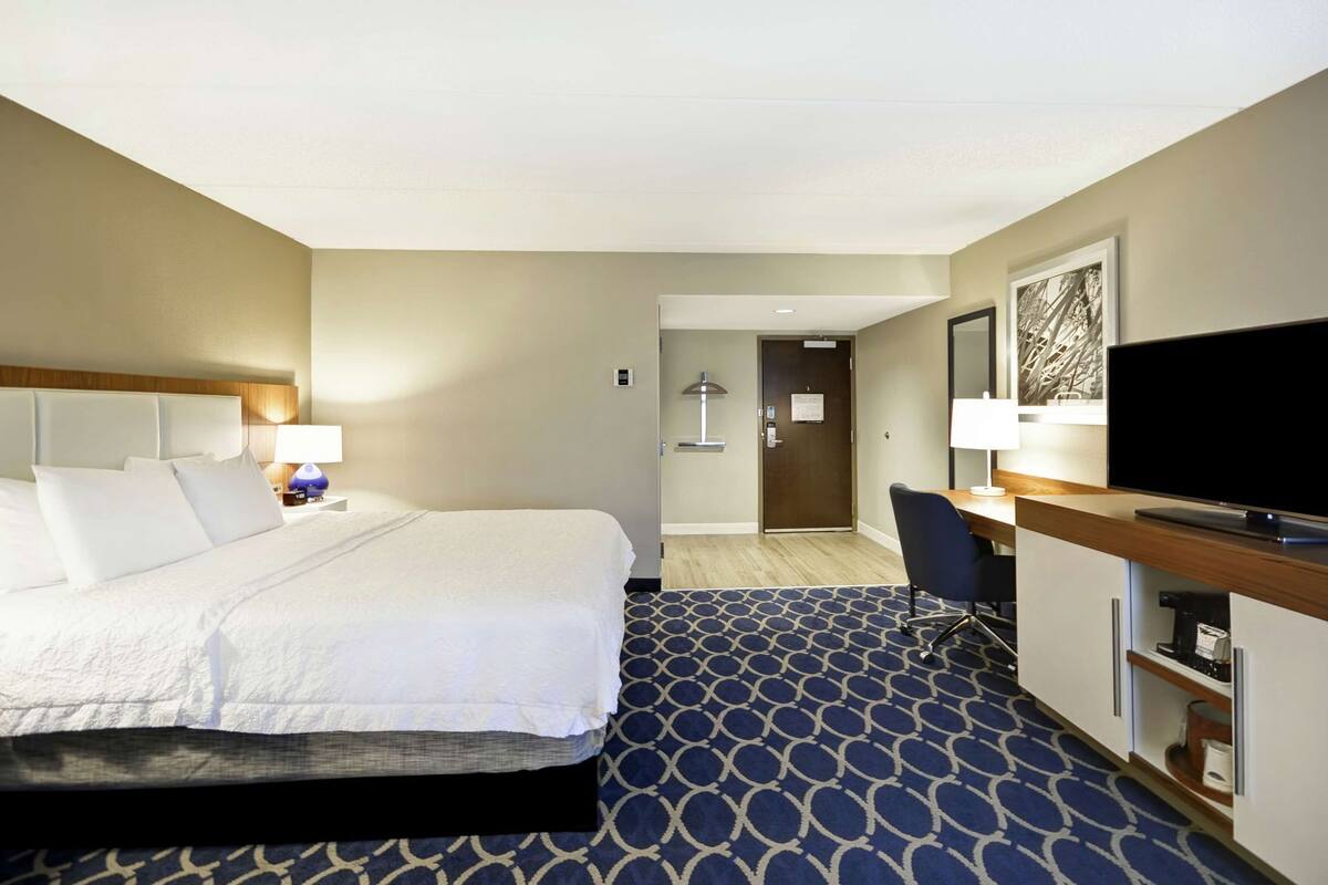 A hotel room with a bed, desk, television, and a patterned carpet.