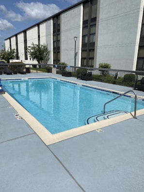 Seasonal outdoor pool, sun loungers