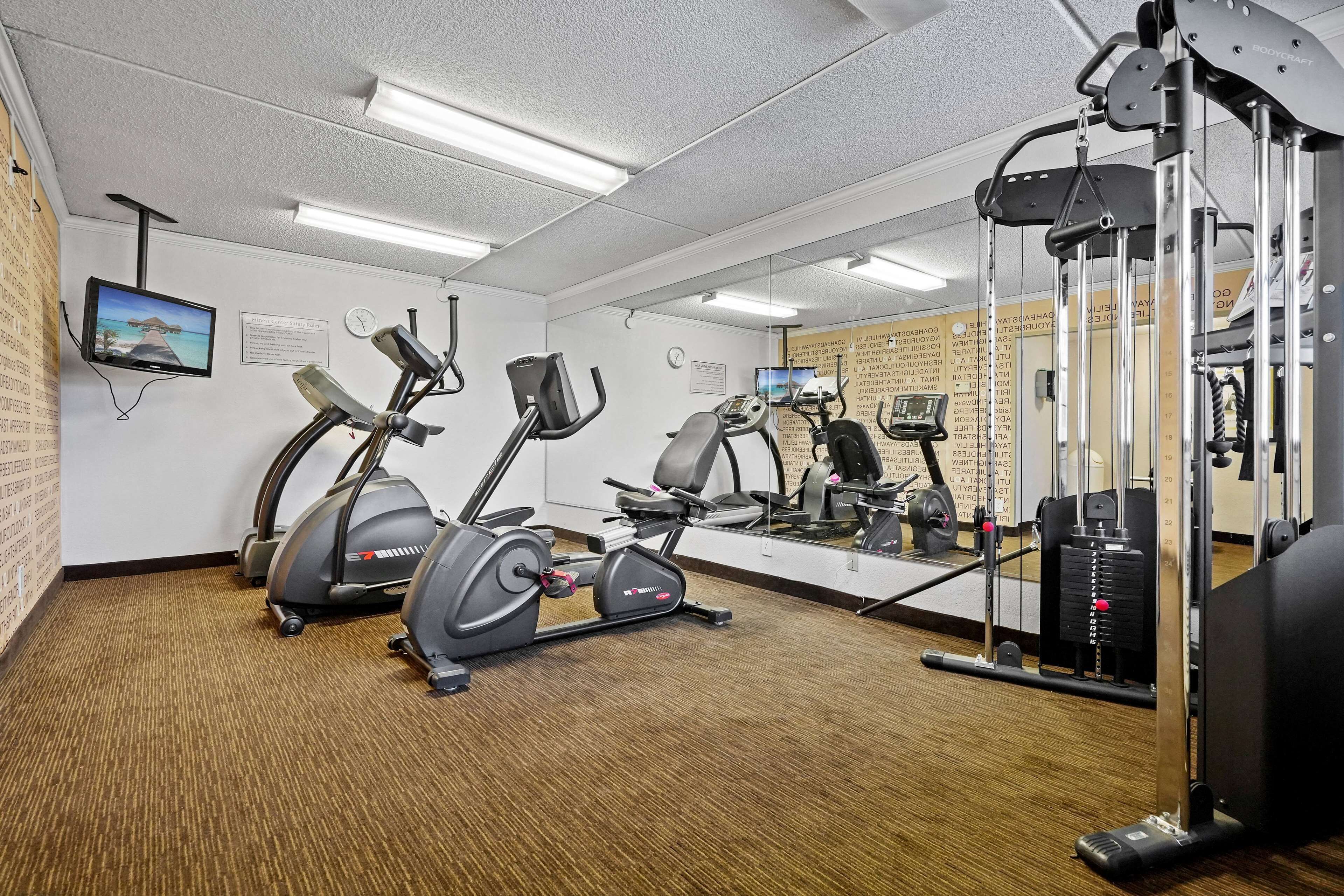 A gym with treadmills, stationary bikes, and weight machines.