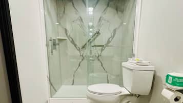 A bathroom with a glass-enclosed shower, a toilet, and a toilet paper dispenser.