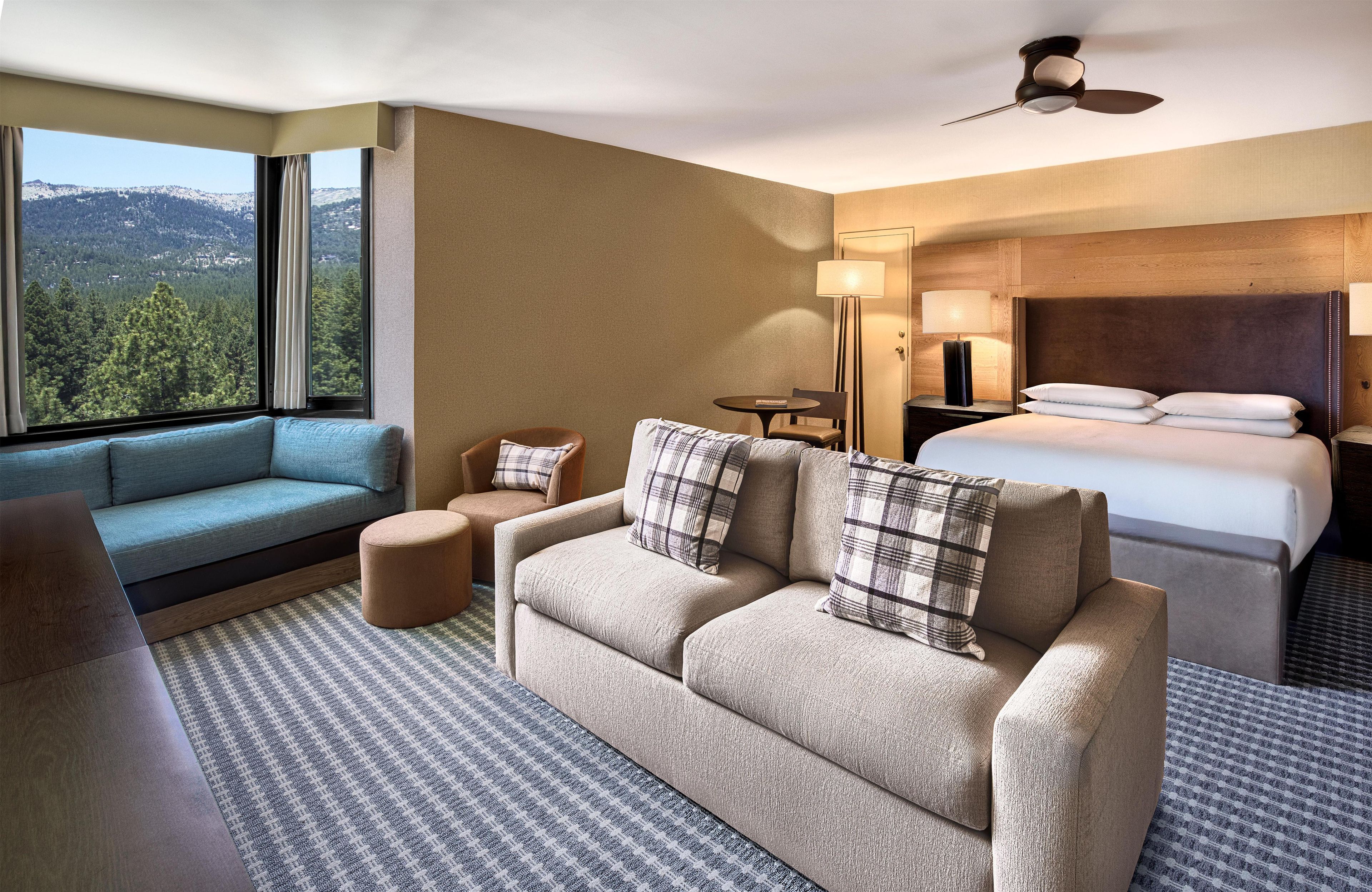 A hotel room with a sofa, a bed, a nightstand, a lamp, and a view of the outdoors.