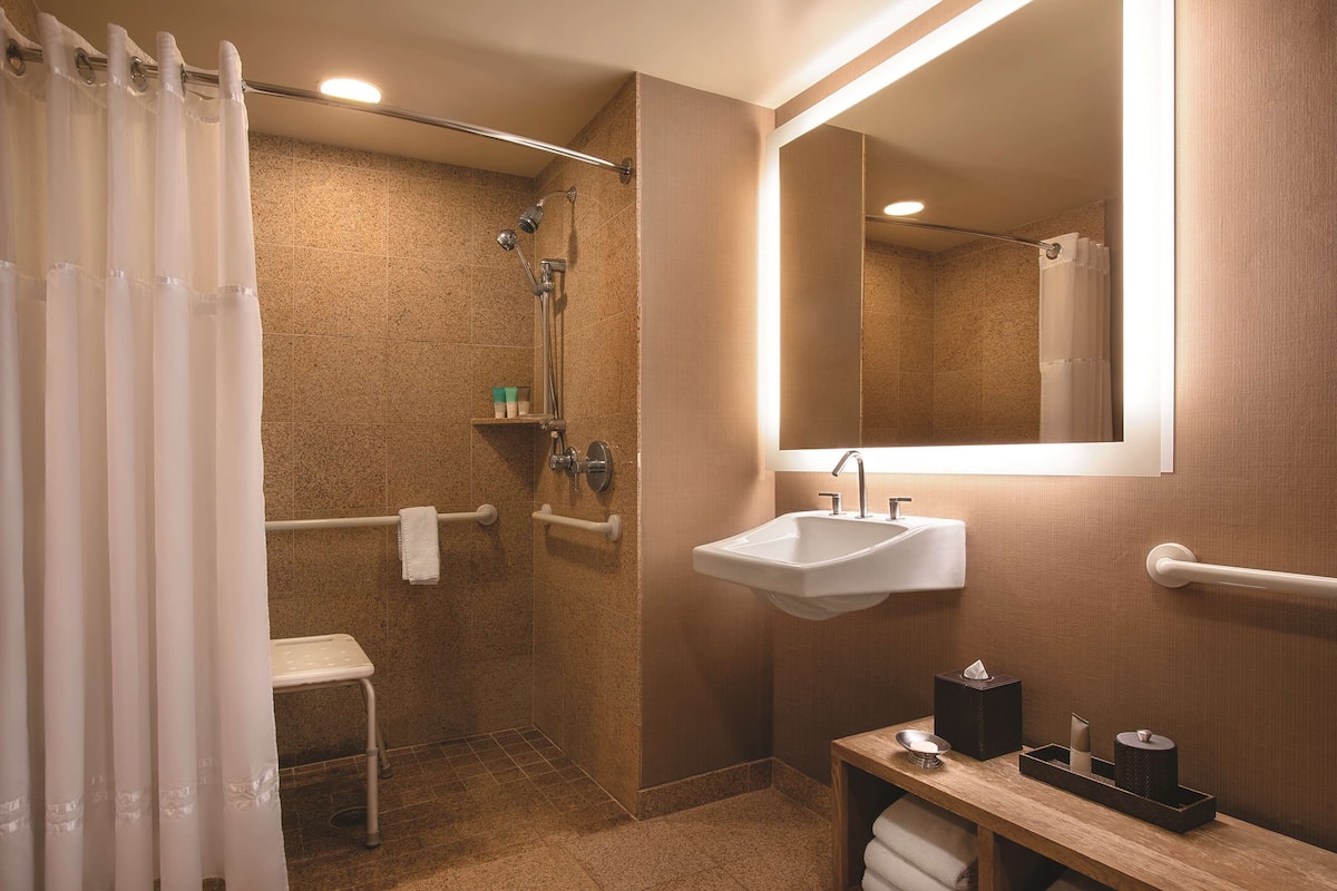 Combined shower/tub, free toiletries, hair dryer, bathrobes