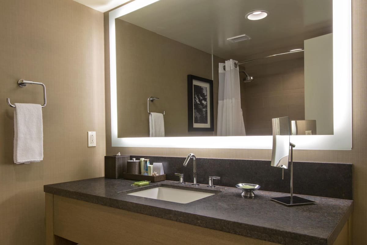 Combined shower/tub, free toiletries, hair dryer, bathrobes