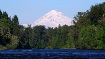 A mountain with a snow-capped peak, surrounded by dense forest, viewed from across a body of water.
