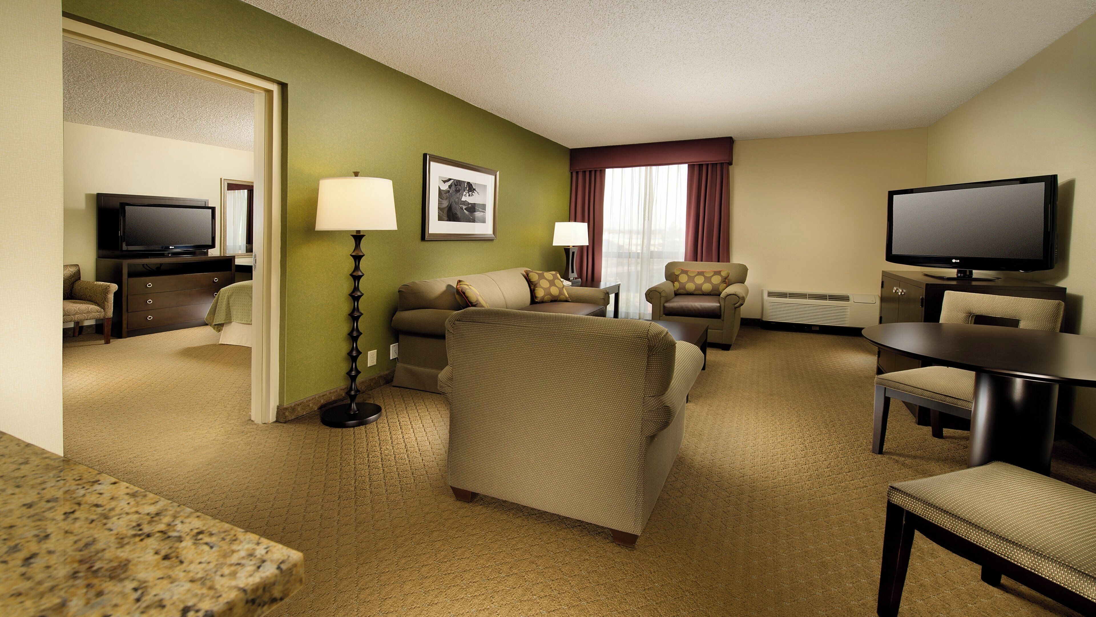 Une chambre d’hôtel équipée d’un canapé, d’un fauteuil, d’une table à manger, d’une télévision et d’une lampe.