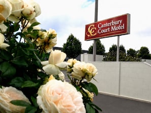 A sign for Canterbury Court Motel with a brick wall and greenery in the background. - Canterbury Court Motel (Christchurch)