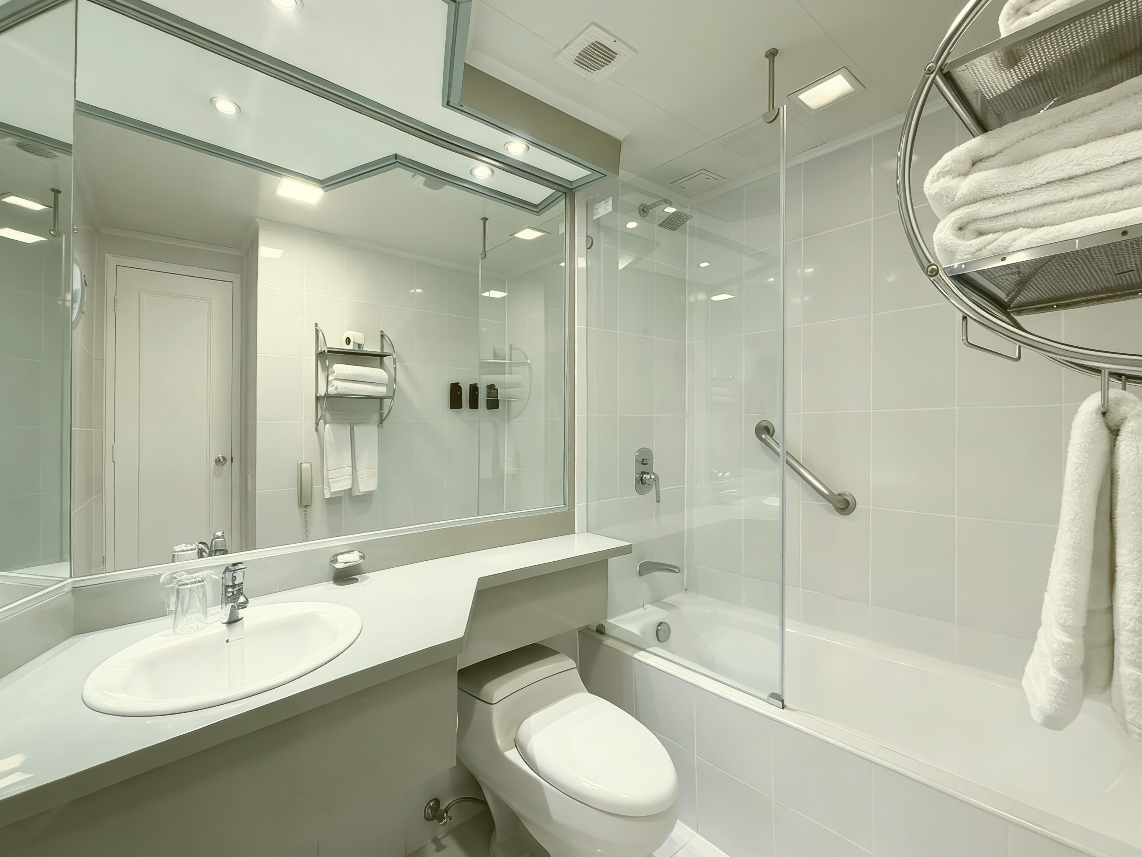Une salle de bain moderne avec une douche à parois de verre, un lavabo blanc et des toilettes.