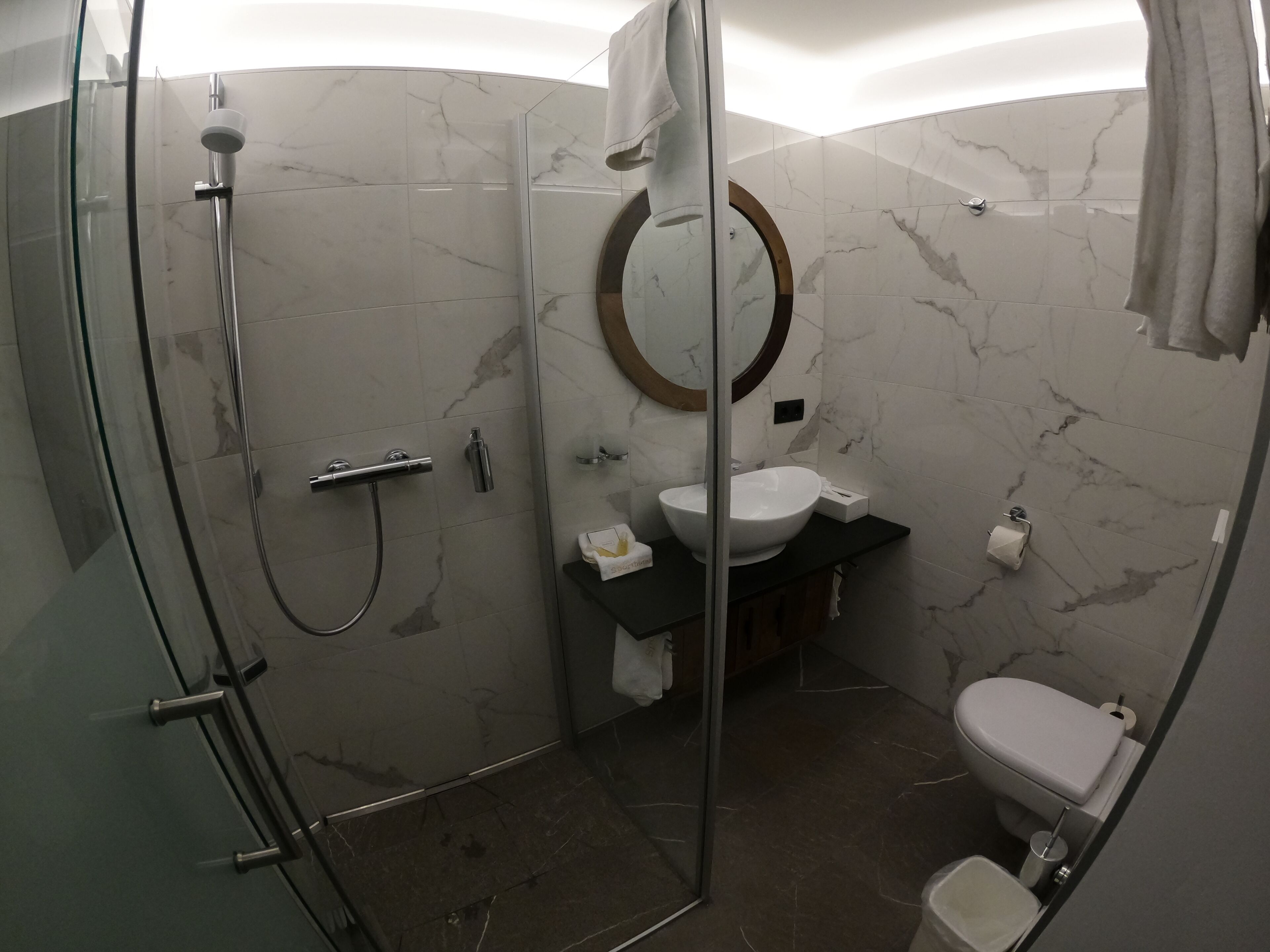 A bathroom with a glass-enclosed shower, a sink with a marble countertop, and a toilet.