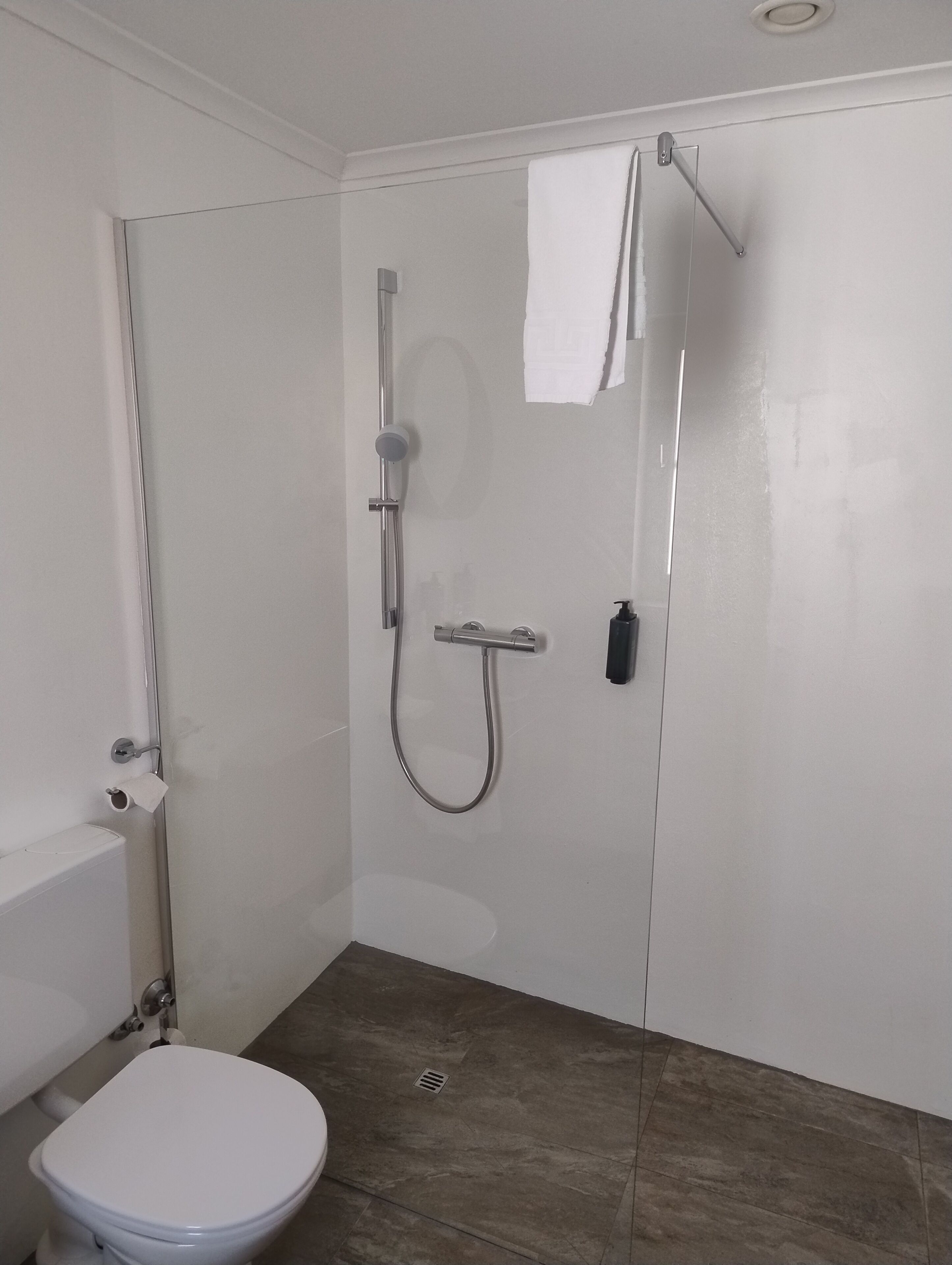A bathroom with a toilet, shower, and a towel hanging on the wall.