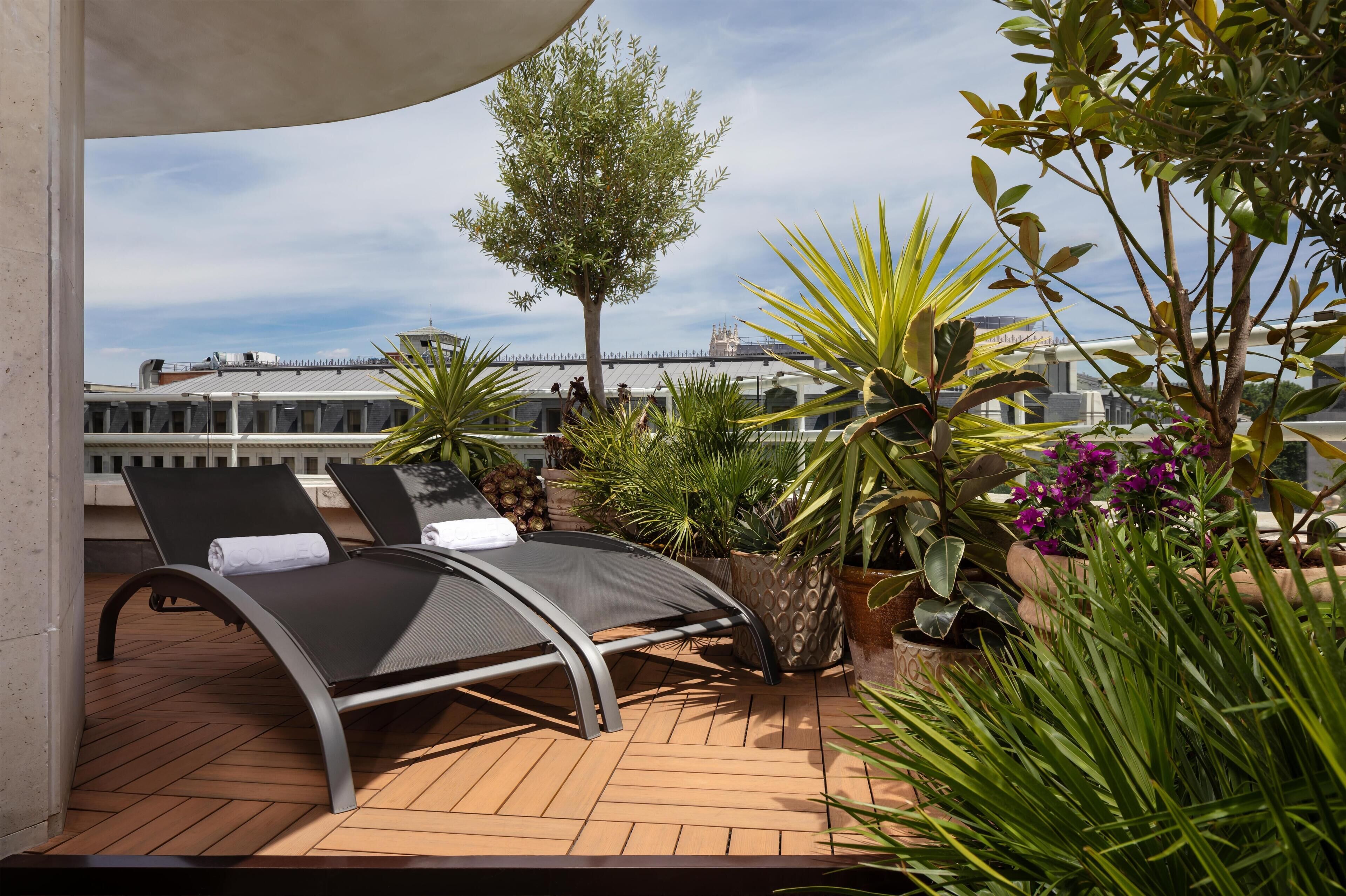 A rooftop terrace with two lounge chairs, a potted plant, and a view of a castle-like structure in the background.