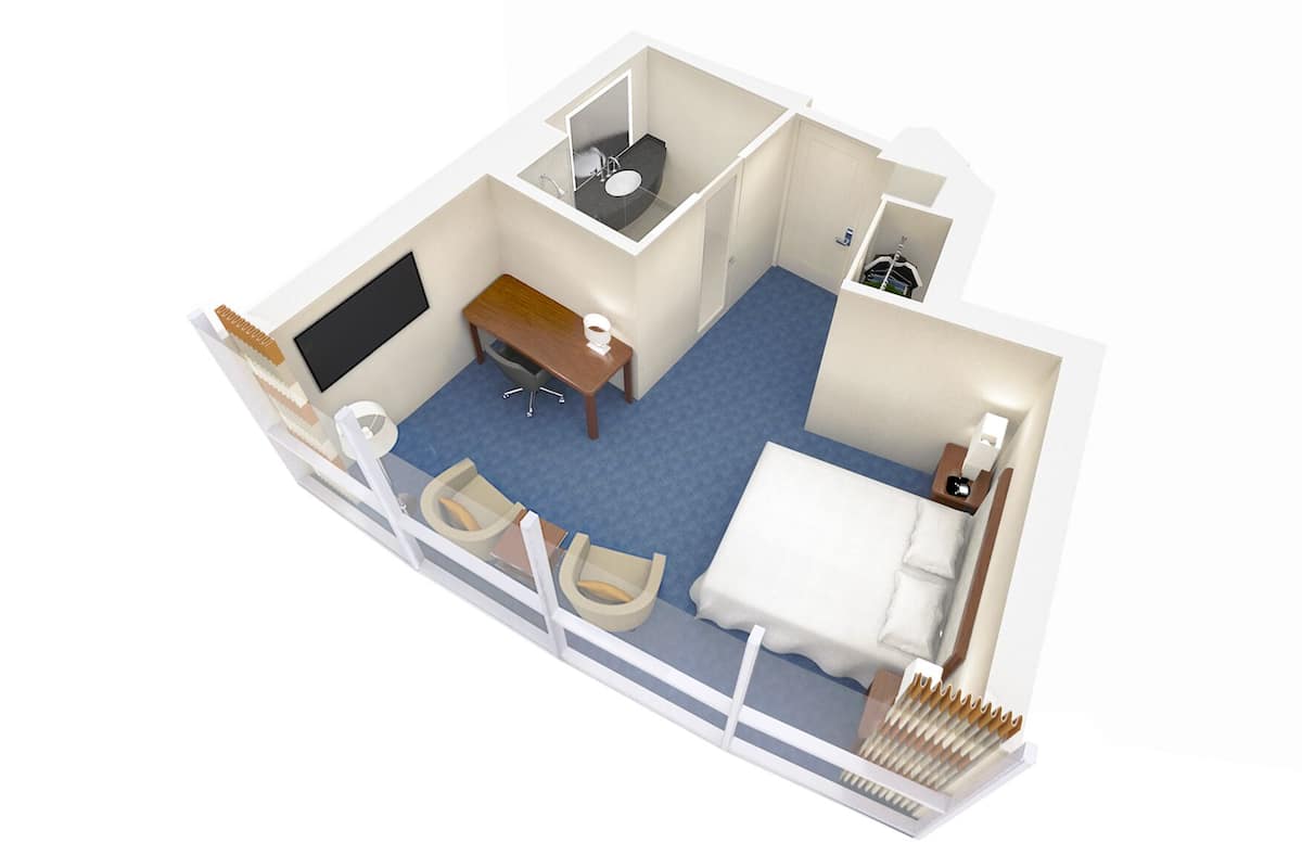 Un modelo 3D de una habitación de hotel con una cama, un escritorio, una silla, una mesita, un espejo, un lavabo y un inodoro.