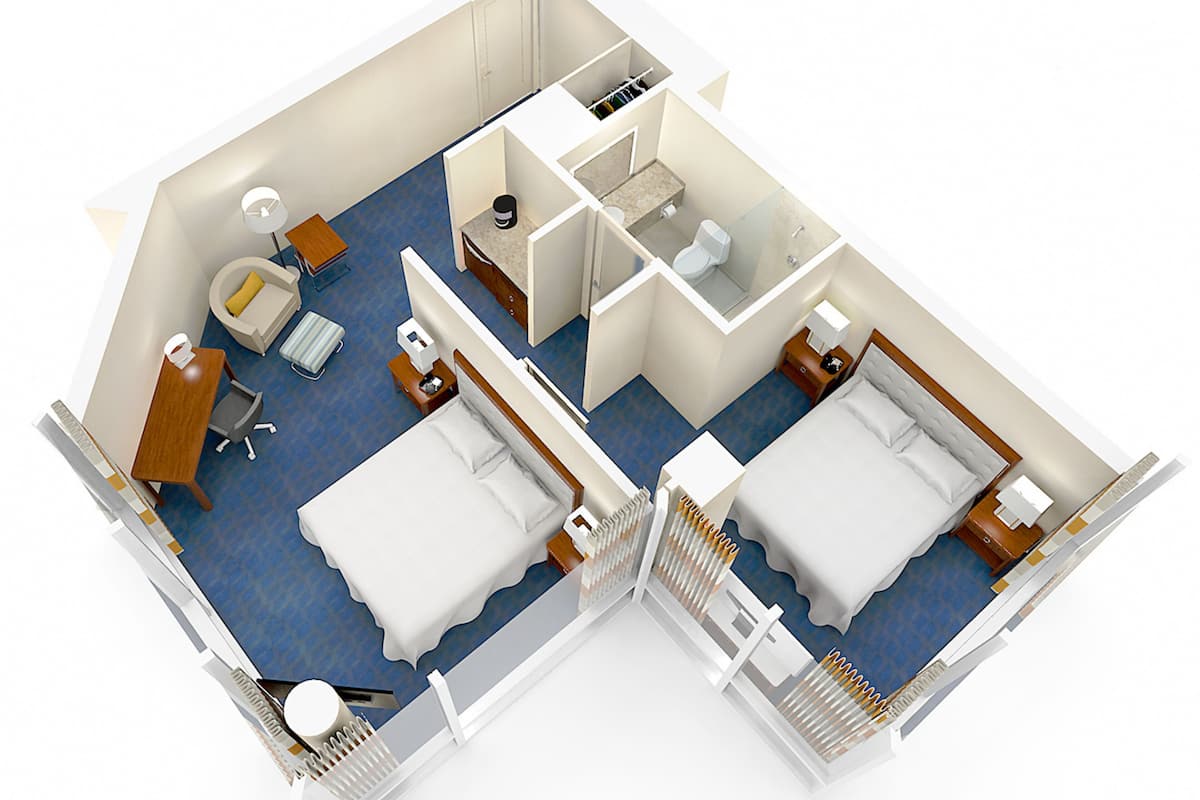 Plano de planta en 3D de una habitación de hotel con dos camas, un escritorio, una silla, un baño pequeño y una zona de estar con sofá y una mesa de centro.