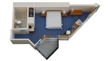 Distribución de una habitación de hotel con cama, escritorio, silla, pequeña mesa, sofá, baño y balcón.