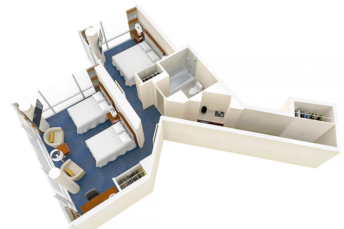 Un modelo 3D de una habitación de hotel con cama, baño, zona de estar con mesa y sillas, y un armario.