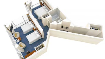 Un modèle 3D d’une chambre d’hôtel comprenant un lit, une salle de bain, un coin salon avec une table et des chaises, et une armoire.