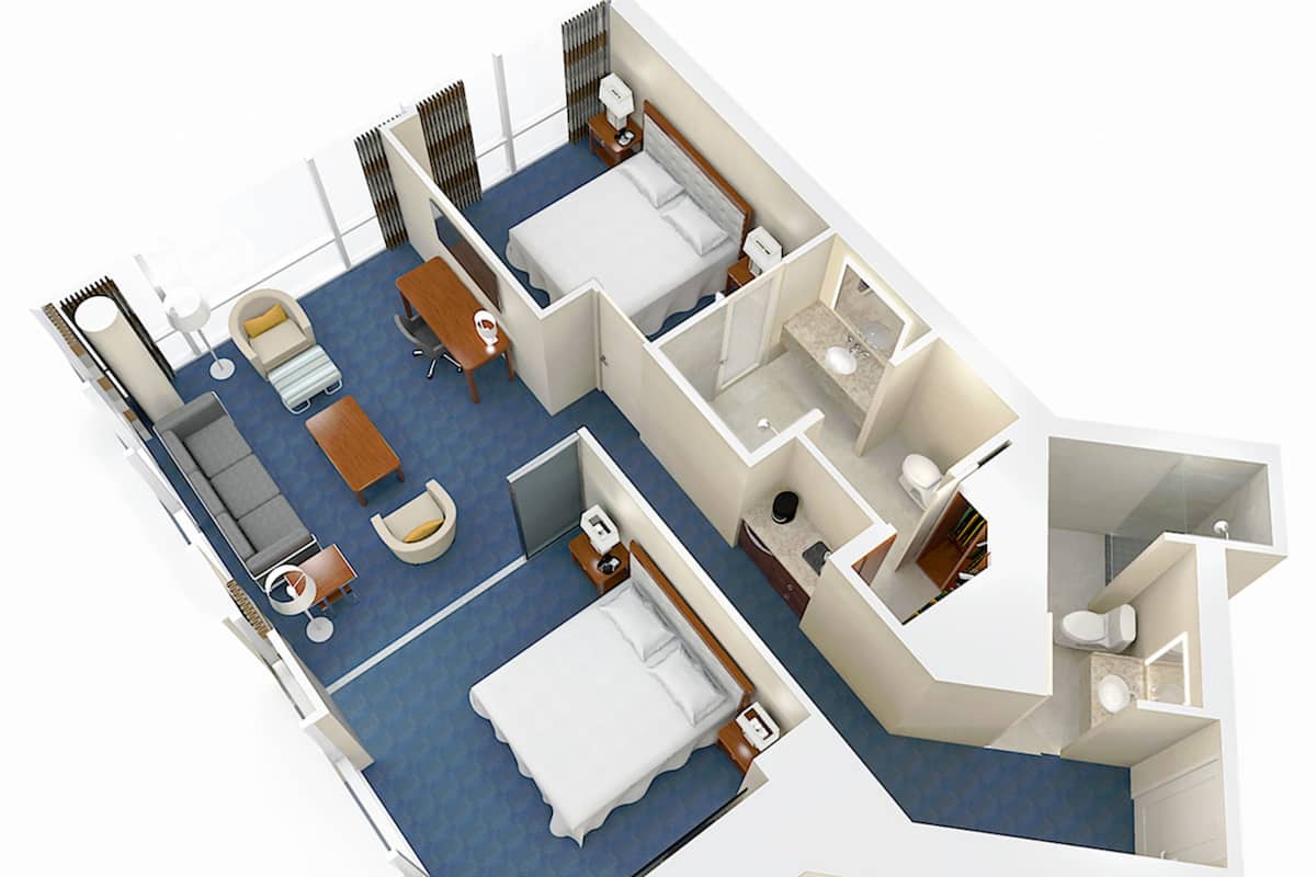Modelo 3D de una habitación de hotel con cama, escritorio, silla, sofá y baño.