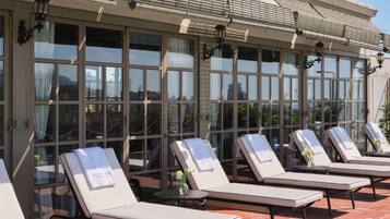 Outdoor pool, open 10:00 AM to 6:00 PM, pool umbrellas, sun loungers