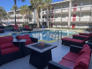 Outdoor pool, pool umbrellas, pool loungers