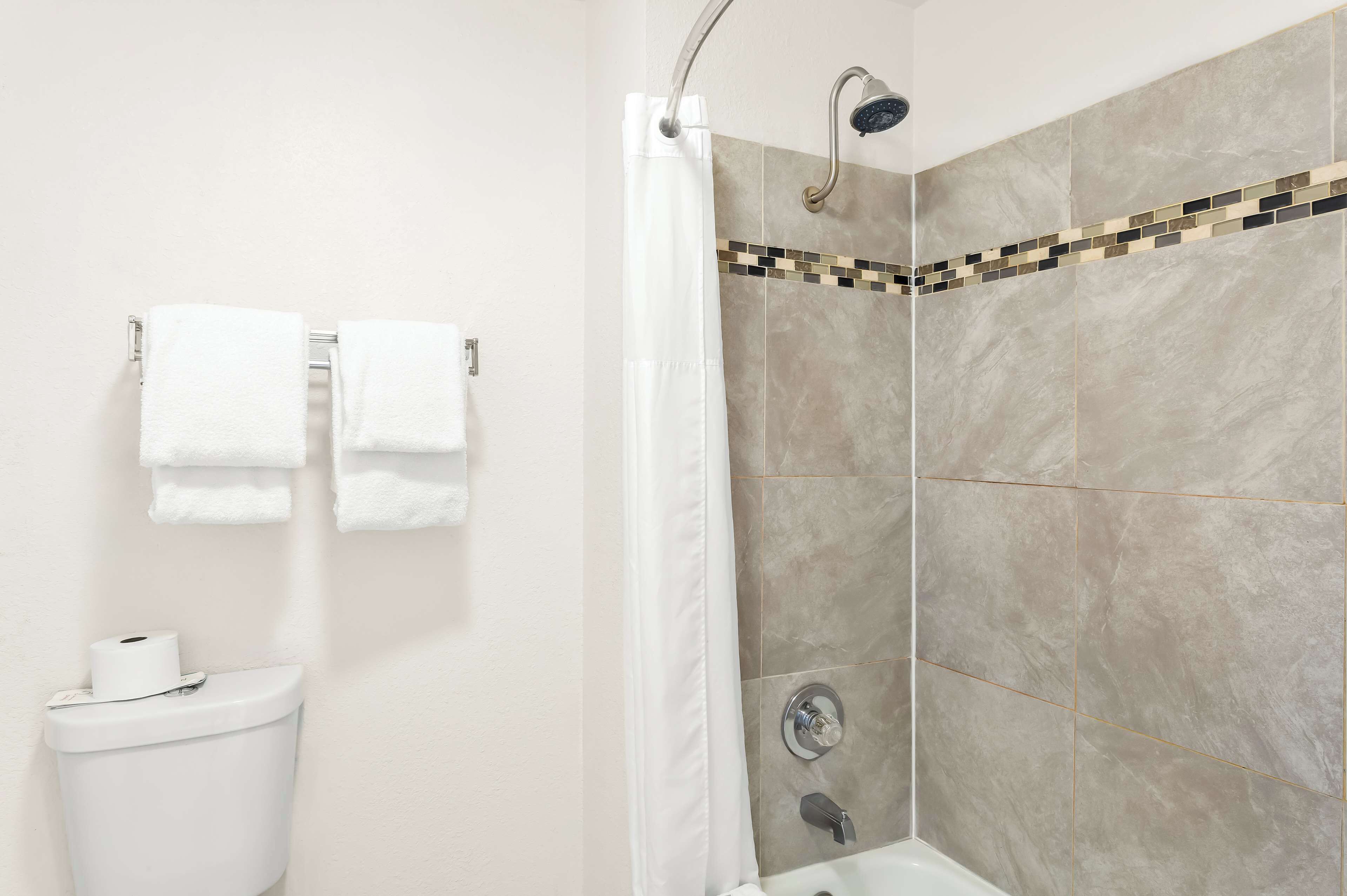 A bathroom with a shower, toilet, and towel rack.