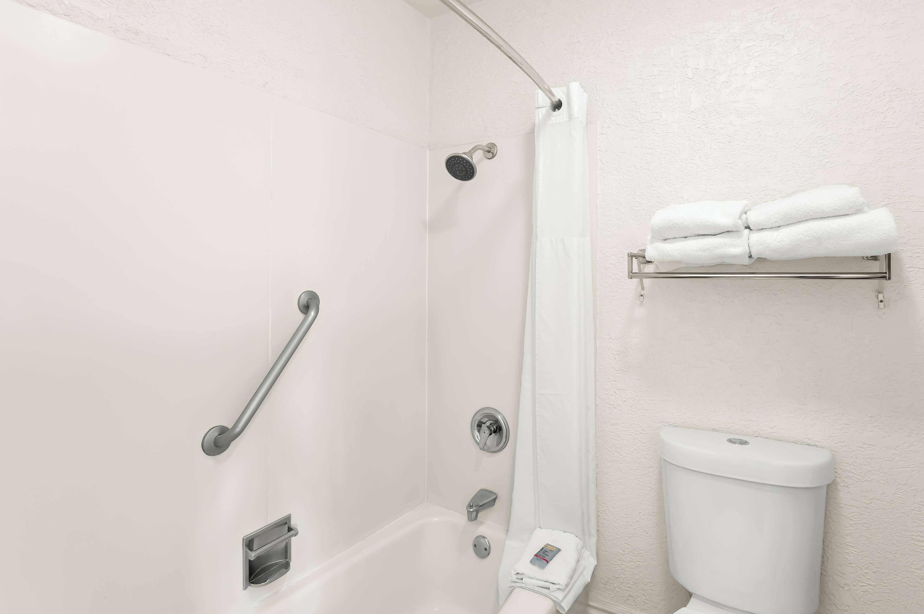 Et badeværelse med bruser, gelænder, toilet og håndklædetørre.
