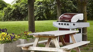 Ein Picknicktisch mit einem Grill in einem Park.