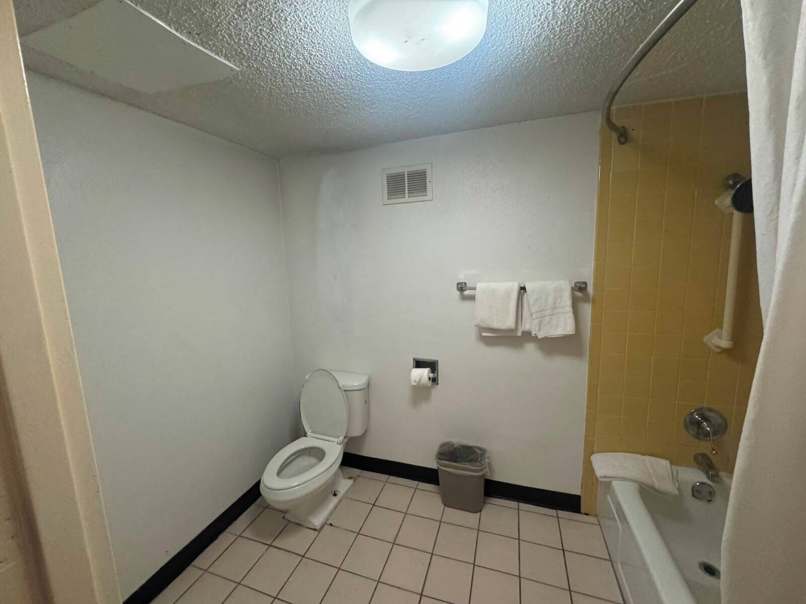 A small, clean bathroom with a toilet, a trash can, and a bathtub.