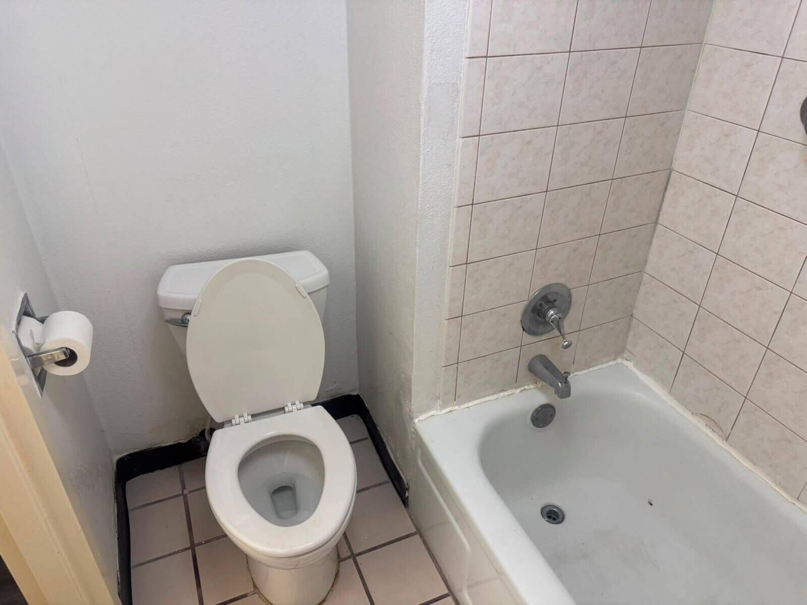 Une salle de bain avec des toilettes, un rouleau de papier toilette et une baignoire.